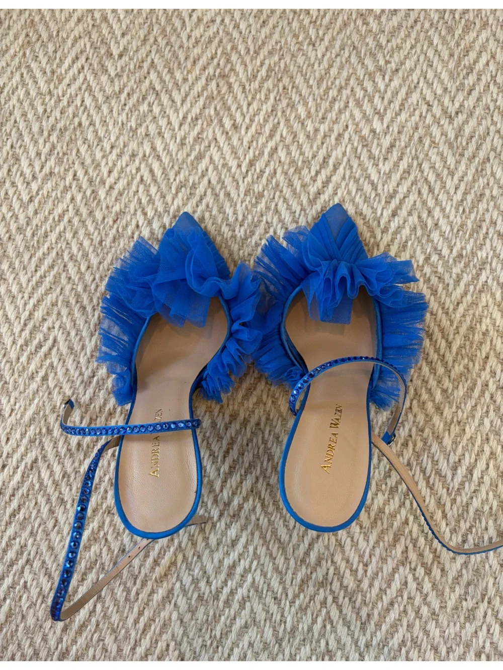 Like New! Andrea Wazen Blue Tulle Ruffle Ankle-Strap Stiletto Heels | Size 36.5